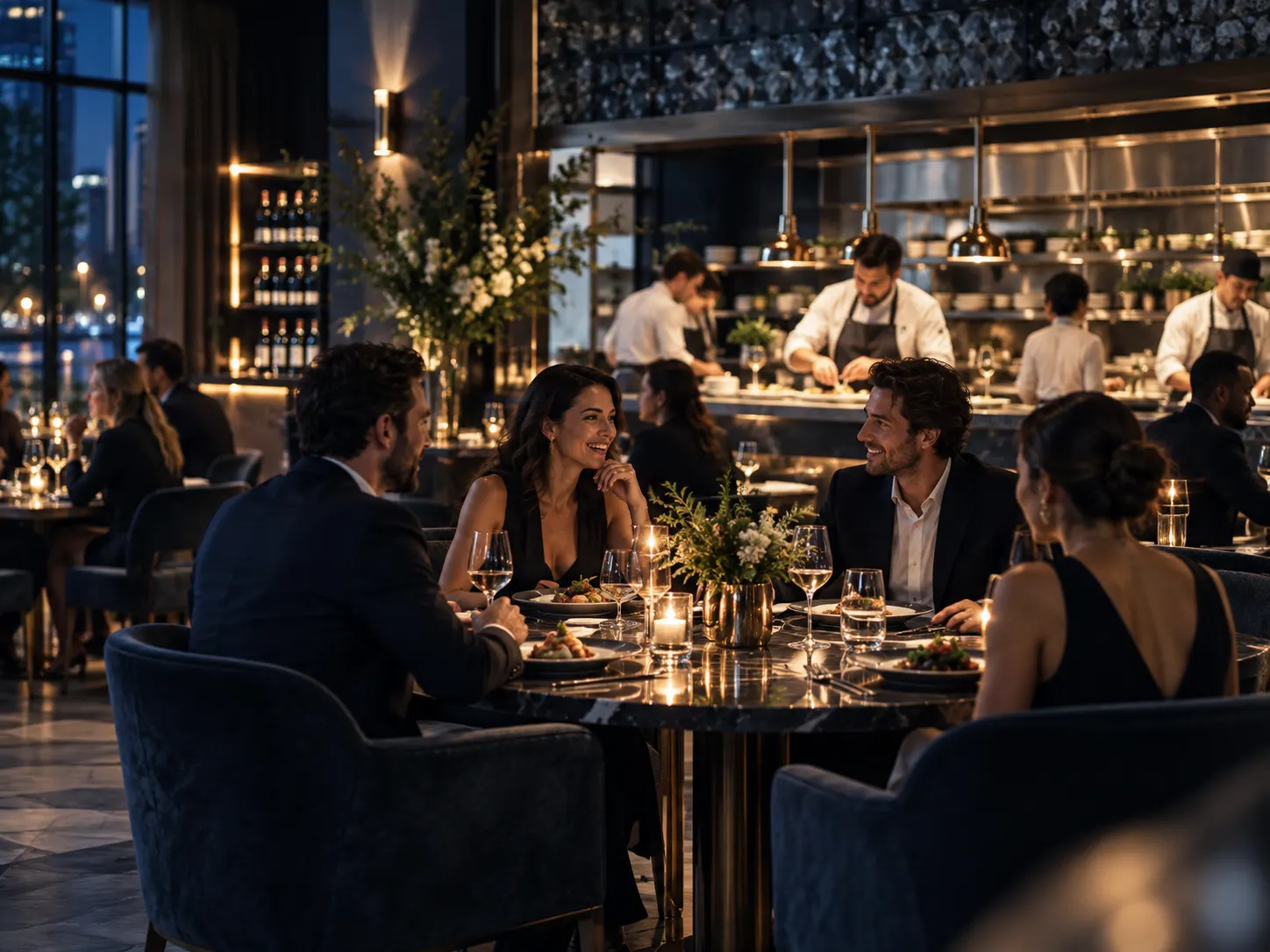 A busy restaurant dining room with an open kitchen, a server bringing a plate to a table